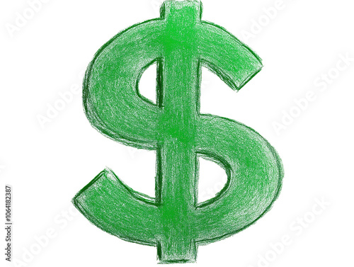 Green dollar symbol isolated on isolated transparent background. Simple yet striking representation of dollar sign. Vibrant green color, slightly tilted, against stark alpha cut out backdrop. Png. photo