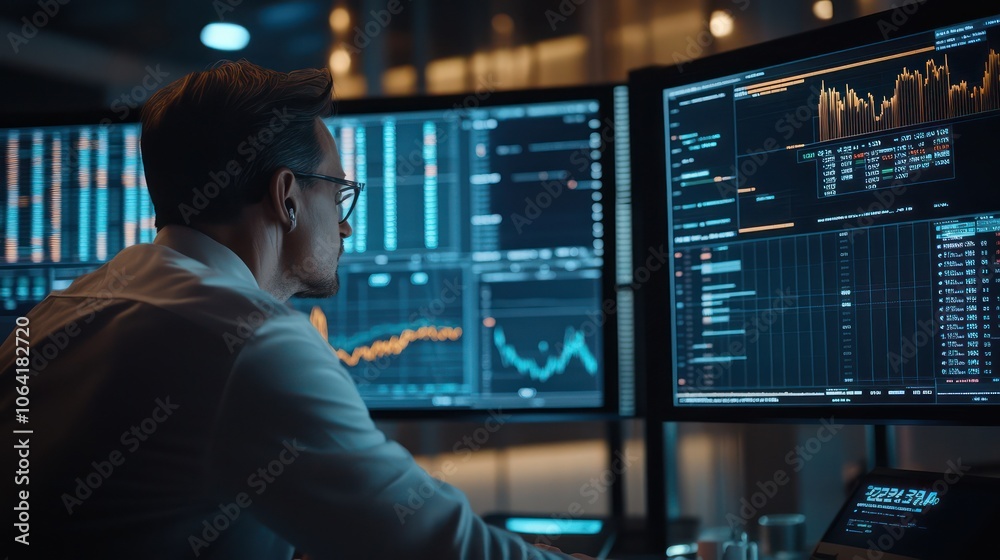 Stock trader analyzing market trends and data with multiple high-resolution screens in a modern trading environment Stock trader analyzing market trends and data with multiple high-resolution screens in a modern trading environment