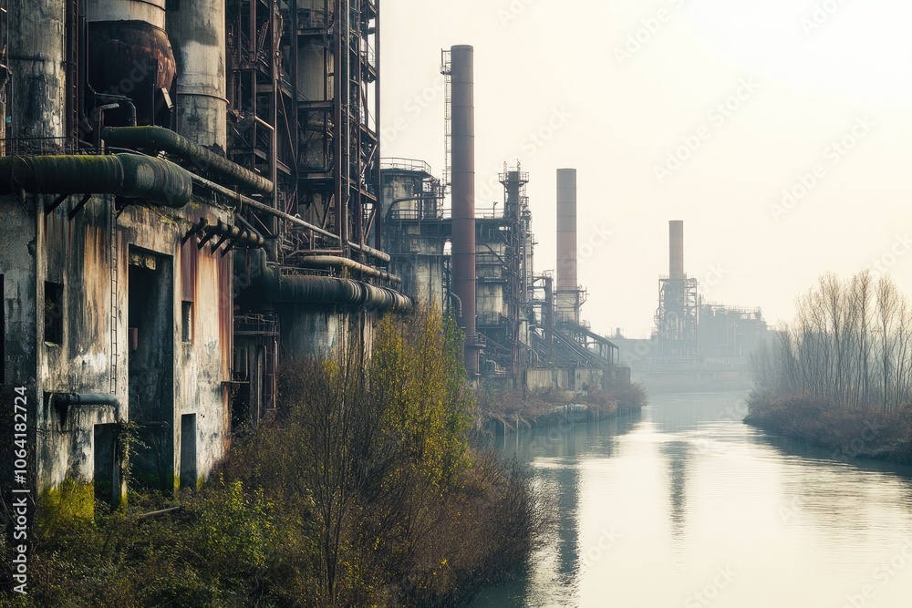 Naklejka premium Derelict Industrial Complex by a River with Fog