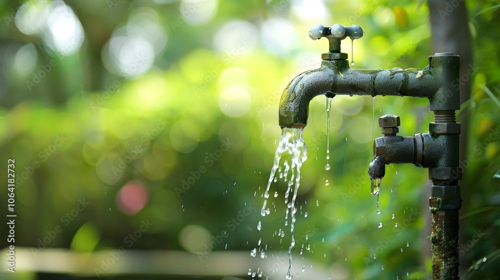 Exterior dripping water faucet or tap in yard. Exterior dripping water faucet or tap in yard.
