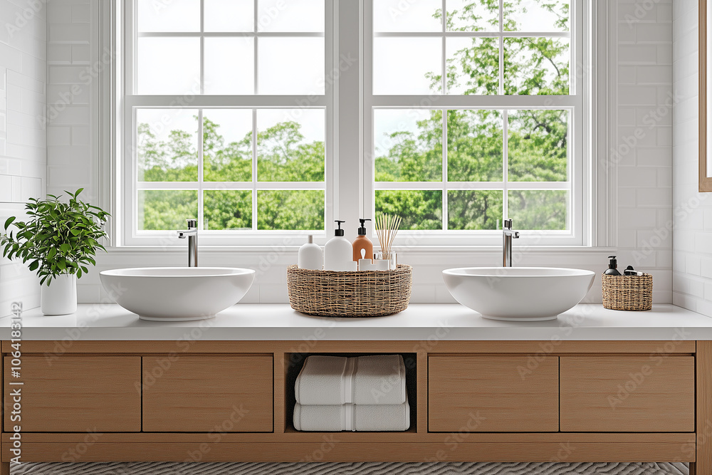 Luxurious bathroom interior with two sinks and accessories Luxurious bathroom interior with two sinks and accessories