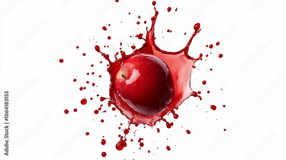 Fototapeta premium A red apple with a splash of juice on a white background.