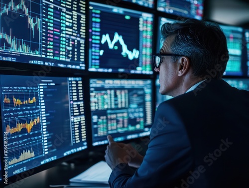 Stock trader analyzing market trends and data with multiple screens in a high-tech trading environment