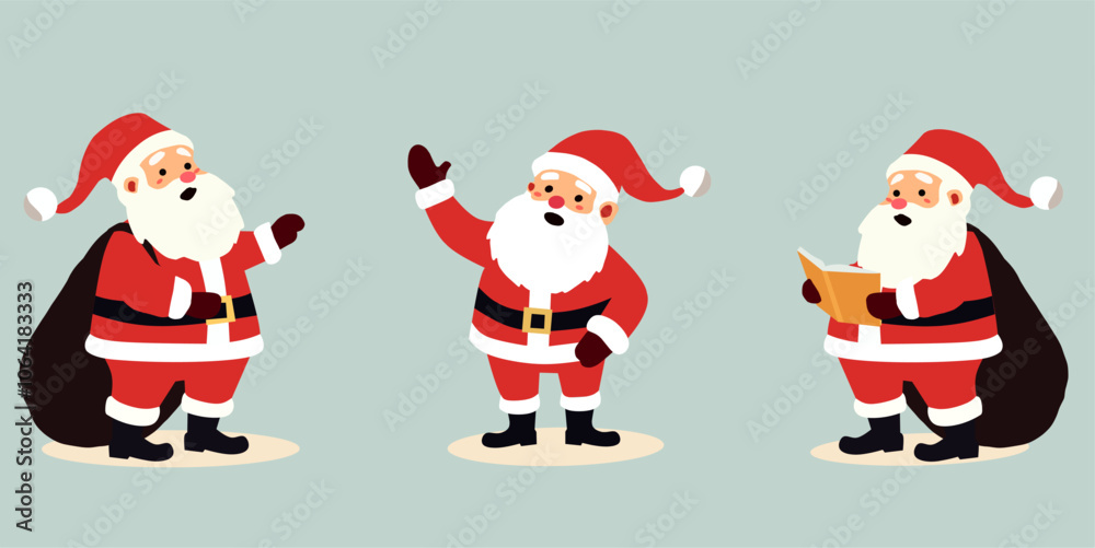three Santa Claus characters in traditional red suits. One holds a sack, another waves, and the third reads a book. Ideal for Christmas designs, holiday greetings, and festive themes