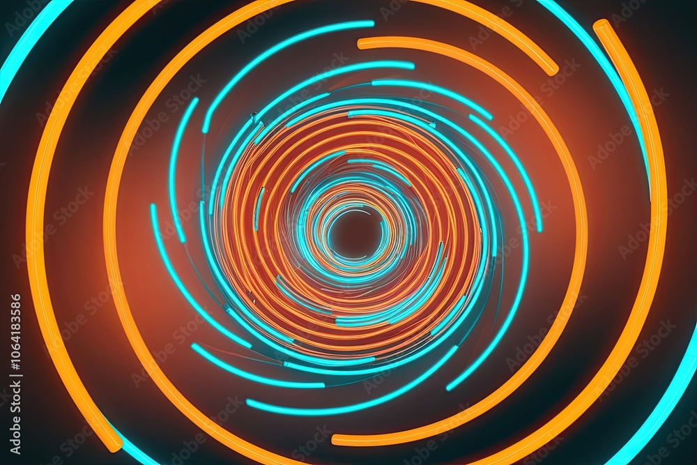 Fototapeta premium Spiral Frame of Luminous Orange and Turquoise Neon Pulse Lines for Immersive Storytelling and Web Graphics