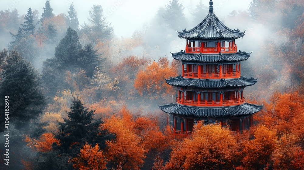 Autumn Forbidden City Scene with Golden Outlines in Mist Autumn Forbidden City Scene with Golden Outlines in Mist