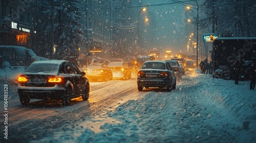 Urban traffic and people navigating heavy snowstorm in winter city