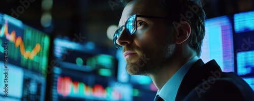 Stock trader analyzing trading data and financial trends with high-resolution monitors in a trading room