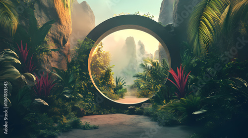 Heaven's gate, mystical round portal in desert leads to lush, vibrant paradise garden filled with tropical plants. fantasy, adventure, escapism and nature concept. Mystical. Illustration