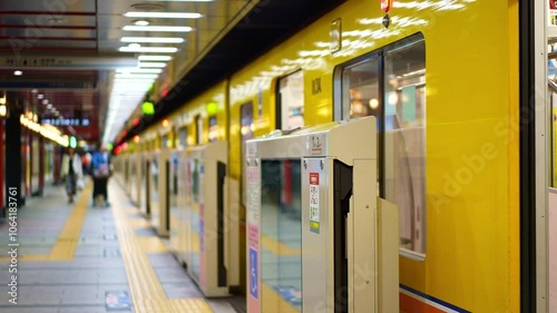 Tokyo metro train at subway station. Japanese modern urban life, public transport commute for passengers, tourists, city workers in Japan. 