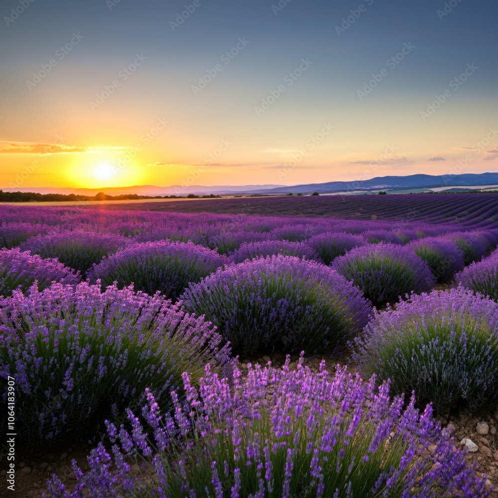 Fototapeta premium Vast lavender fields under a setting sun casting a golden glow over the landscape