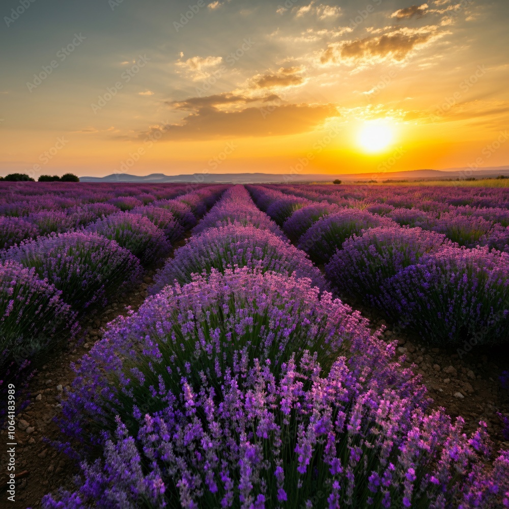 Obraz premium Vast lavender fields under a setting sun casting a golden glow over the landscape