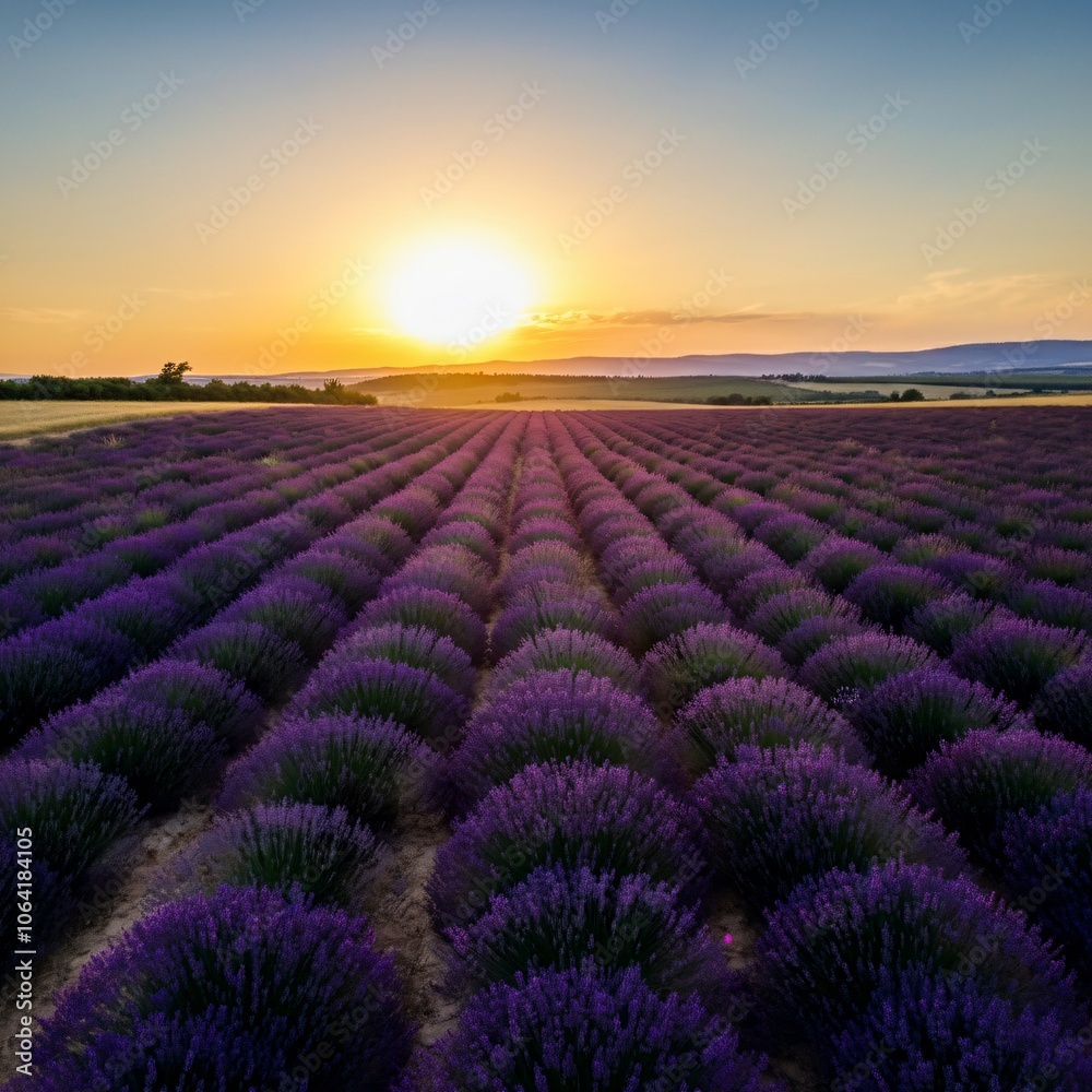 Vast lavender fields under a setting sun casting a golden glow over the landscape Vast lavender fields under a setting sun casting a golden glow over the landscape