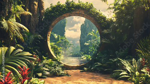 Heaven's gate, mystical round portal in desert leads to lush, vibrant paradise garden filled with tropical plants. fantasy, adventure, escapism and nature concept. Mystical. Illustration photo