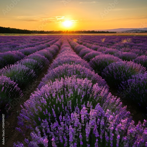 Vast lavender fields under a setting sun casting a golden glow over the landscape