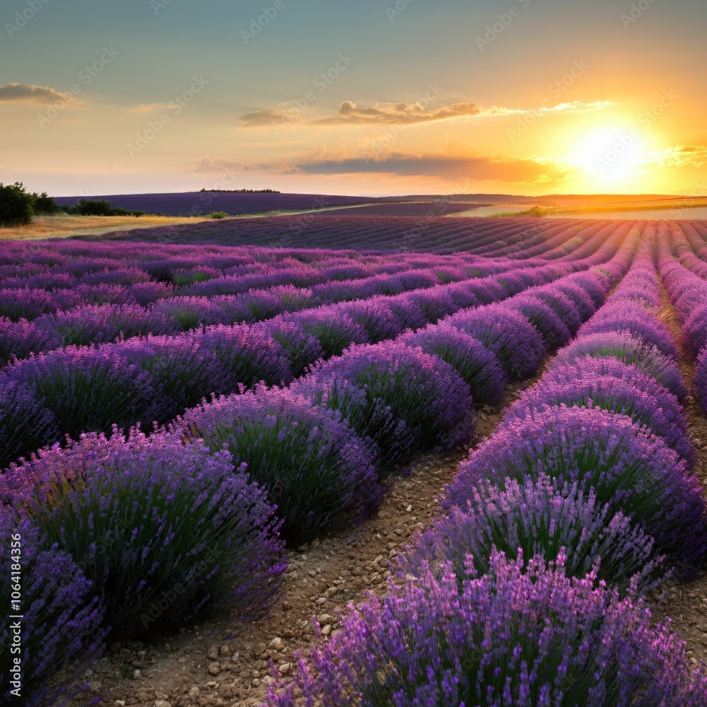 Vast lavender fields under a setting sun casting a golden glow over the landscape Vast lavender fields under a setting sun casting a golden glow over the landscape