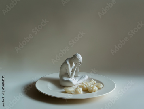 Une silhouette prostrée devant une assiette pleine de nourriture, symbole de trouble alimentaire type boulimie, hyperphagie, orthorexie ou anorexie mentale photo