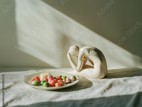 Une silhouette prostrée devant une assiette pleine de nourriture, symbole de trouble alimentaire type boulimie, hyperphagie, orthorexie ou anorexie mentale photo