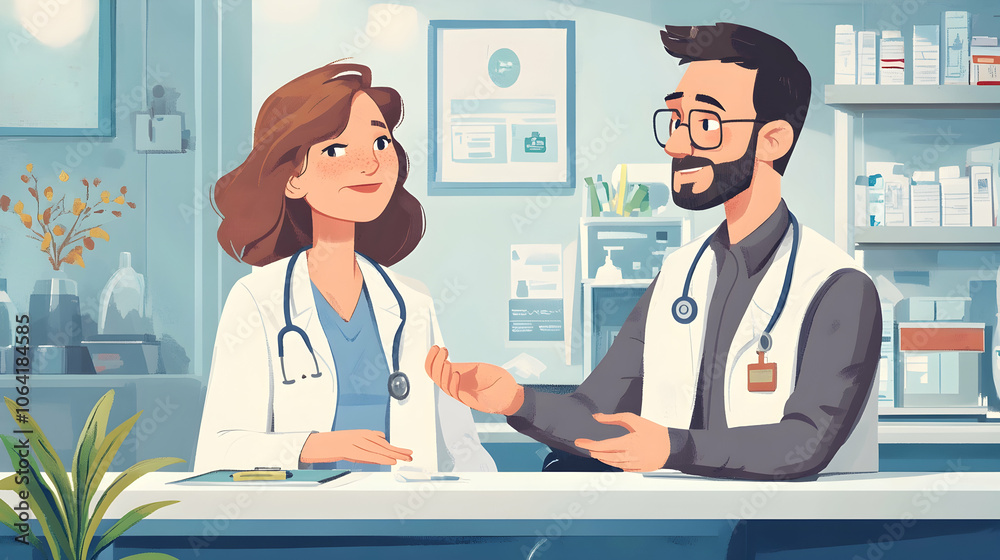 Another positive interaction between a patient and doctor in a clinic . illustration Another positive interaction between a patient and doctor in a clinic . illustration