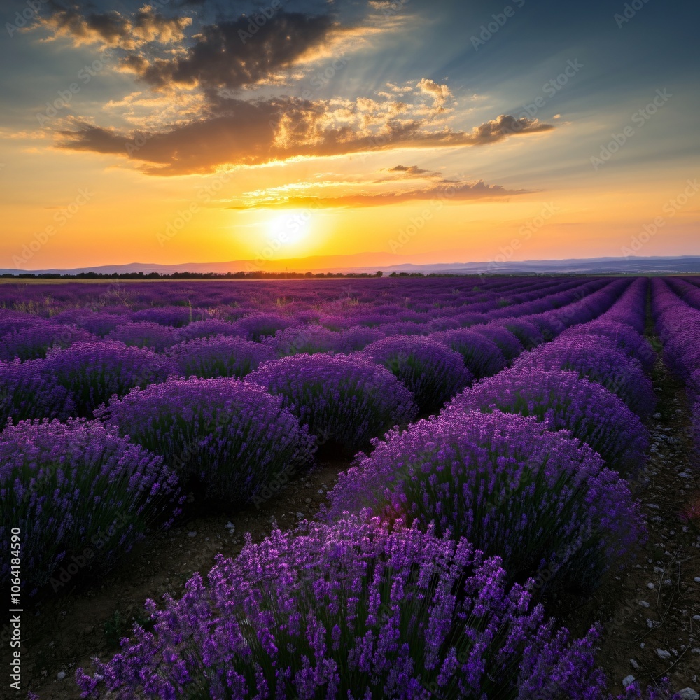 Obraz premium Vast lavender fields under a setting sun casting a golden glow over the landscape