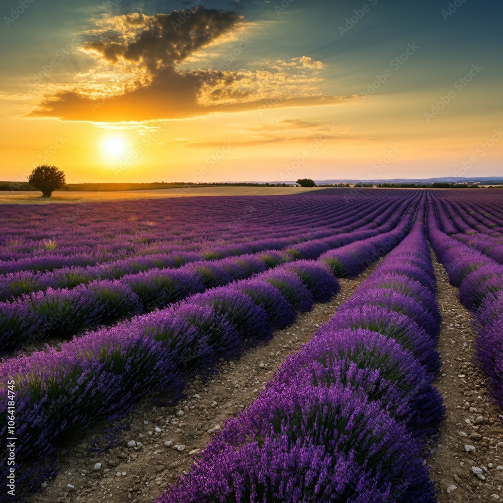 Vast lavender fields under a setting sun casting a golden glow over the landscape Vast lavender fields under a setting sun casting a golden glow over the landscape