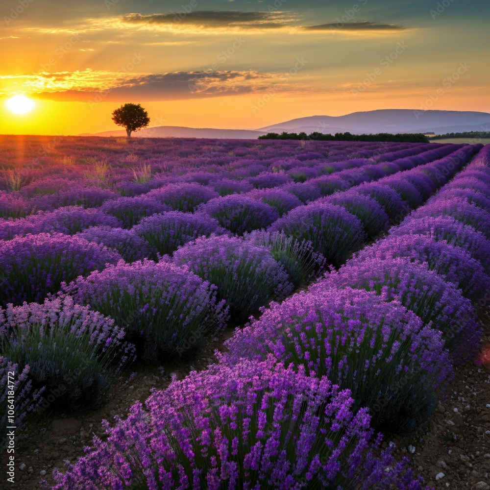 Obraz premium Vast lavender fields under a setting sun casting a golden glow over the landscape