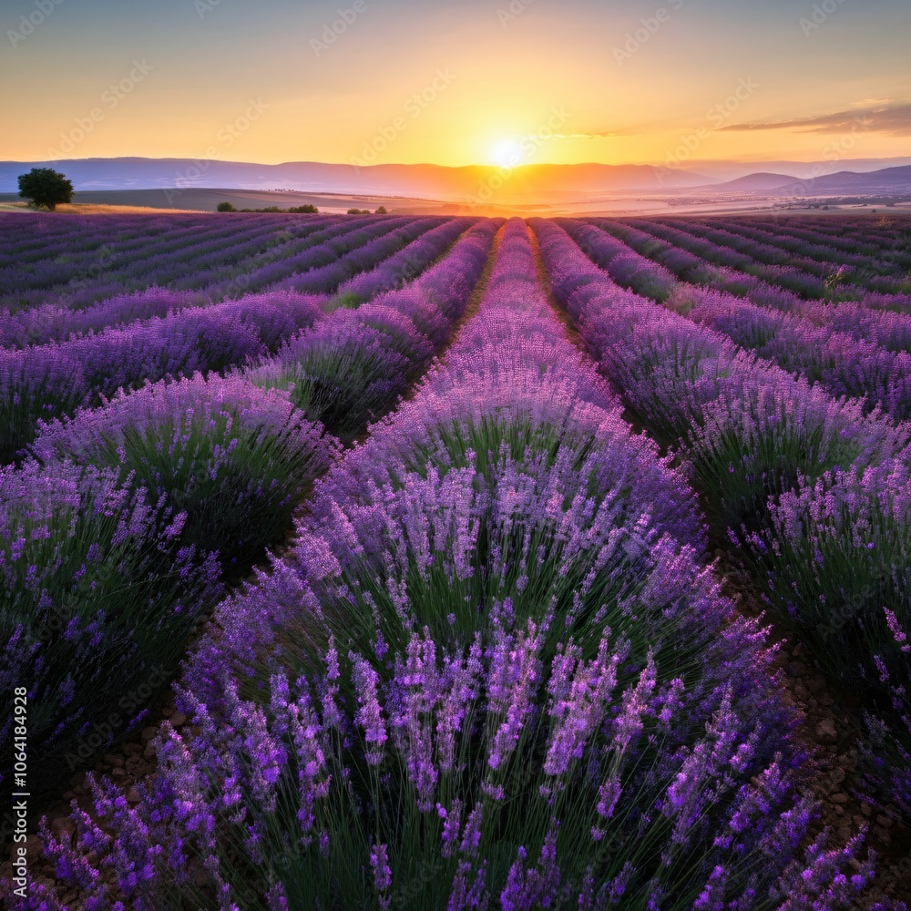 Obraz premium Vast lavender fields under a setting sun casting a golden glow over the landscape