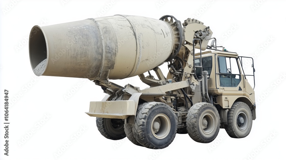 A large construction vehicle with a large bucket on the back. The bucket is filled with gravel. The vehicle is parked on a white background A large construction vehicle with a large bucket on the back. The bucket is filled with gravel. The vehicle is parked on a white background