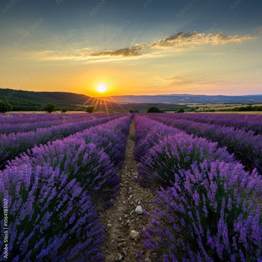 Obraz premium Vast lavender fields under a setting sun casting a golden glow over the landscape