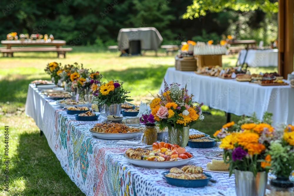 Fototapeta premium Outdoor Wedding Reception Table with Food and Flowers