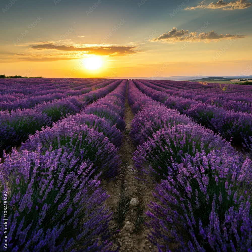 Obraz premium Vast lavender fields under a setting sun casting a golden glow over the landscape