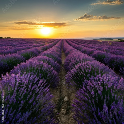 Vast lavender fields under a setting sun casting a golden glow over the landscape