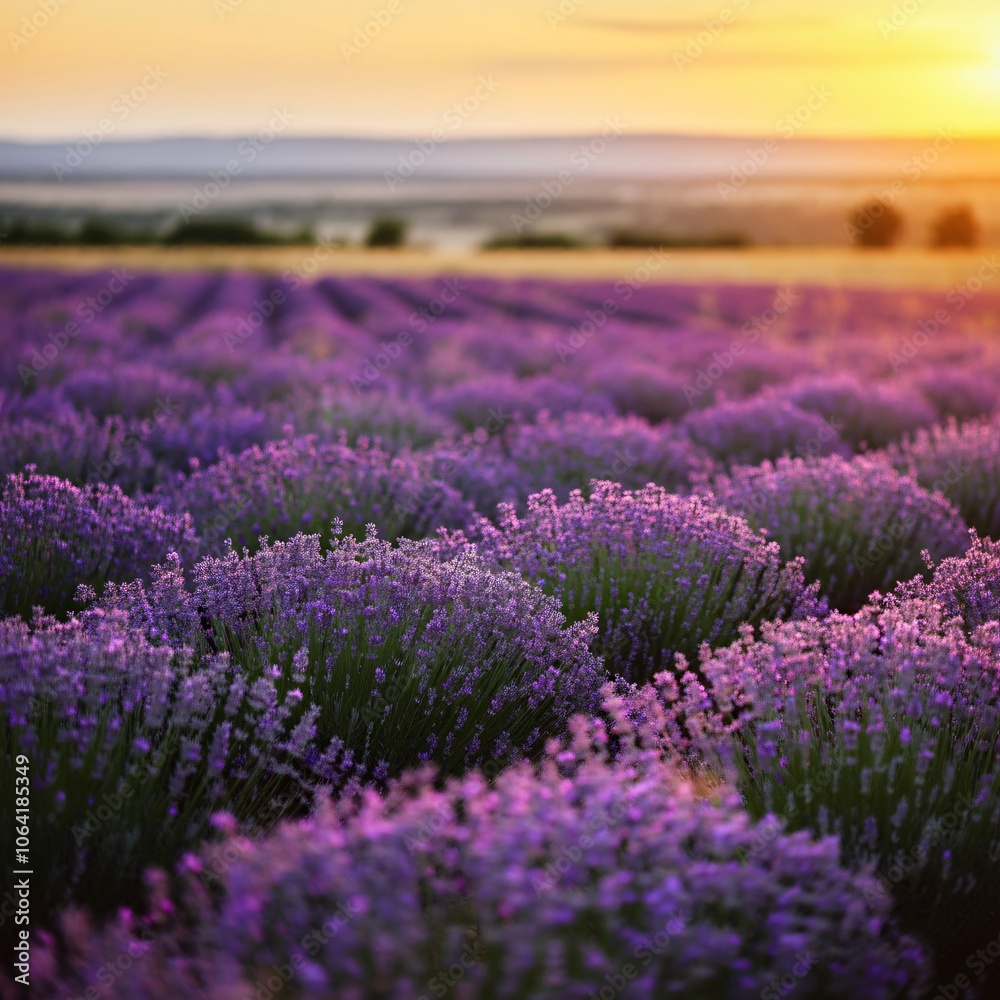 Fototapeta premium Vast lavender fields under a setting sun casting a golden glow over the landscape