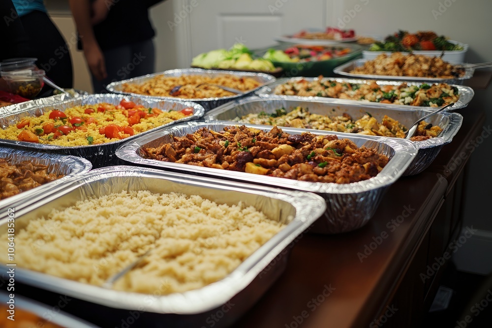 Assortment of Delicious Dishes in Aluminum Trays on a Table