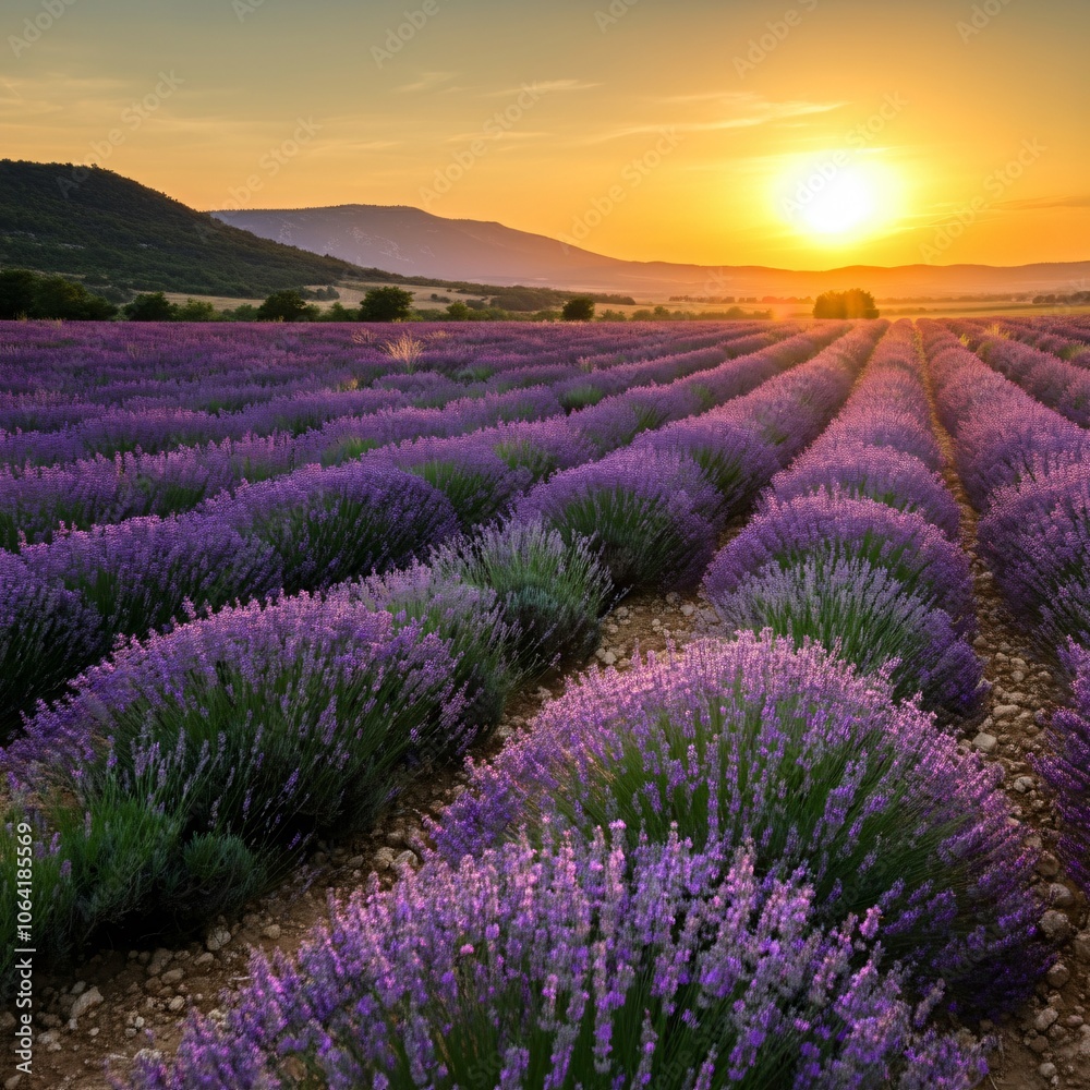 Obraz premium Vast lavender fields under a setting sun casting a golden glow over the landscape