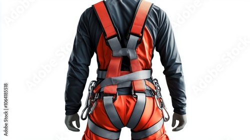 A man in orange safety gear is wearing a harness. The harness is attached to a rope. The man is wearing a grey shirt