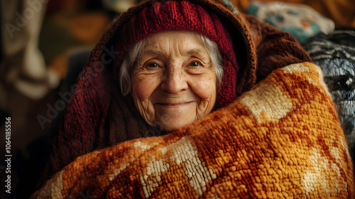 Caregiver covering a smiling elderly woman with a warm blanket