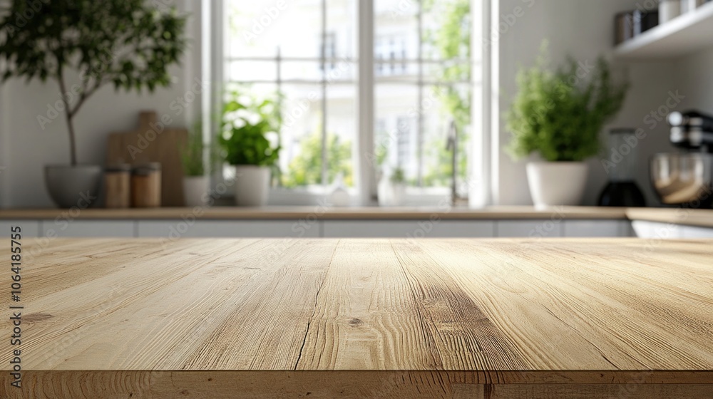 A wooden counter top with a white kitchen background. There are several kitchen items on the counter, including a knife, a spoon, and a bowl A wooden counter top with a white kitchen background. There are several kitchen items on the counter, including a knife, a spoon, and a bowl