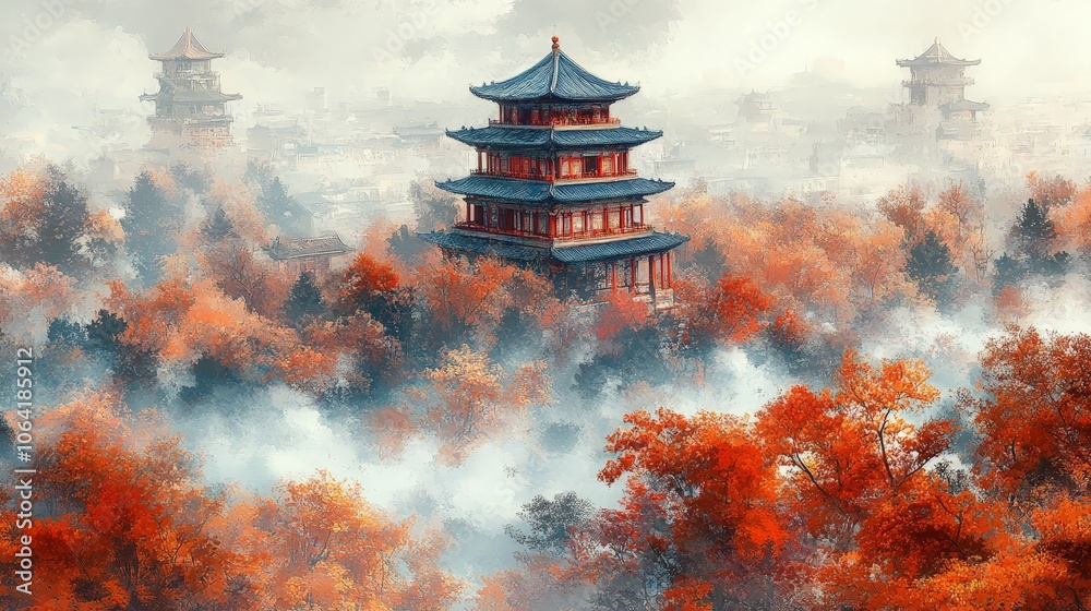 Obraz premium Autumn Forbidden City Scene with Golden Outlines in Mist