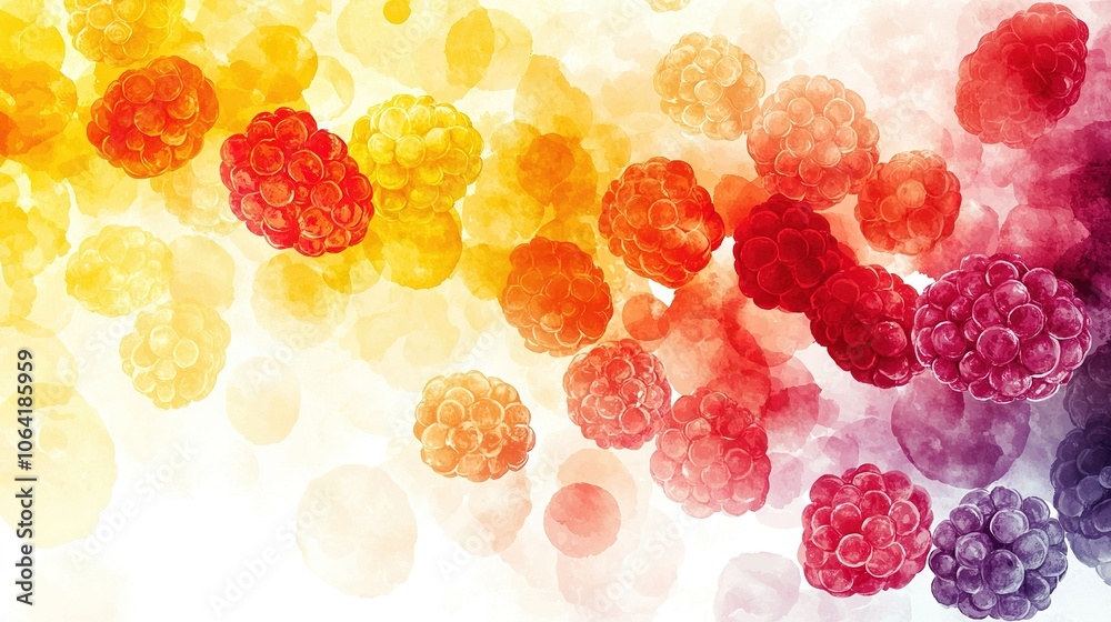 Raspberries stacked on white background with red, yellow, blue pattern Raspberries stacked on white background with red, yellow, blue pattern