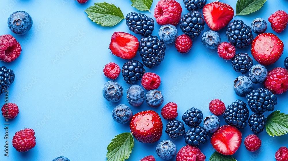 Raspberries arranged into a heart shape with blueberries interspersed Raspberries arranged into a heart shape with blueberries interspersed
