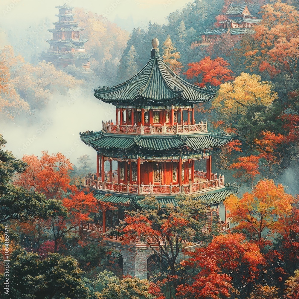 Golden-outlined Forbidden City ink painting with a flat illustration style