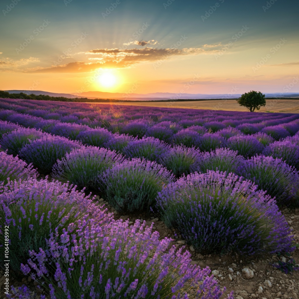 Obraz premium Vast lavender fields under a setting sun casting a golden glow over the landscape
