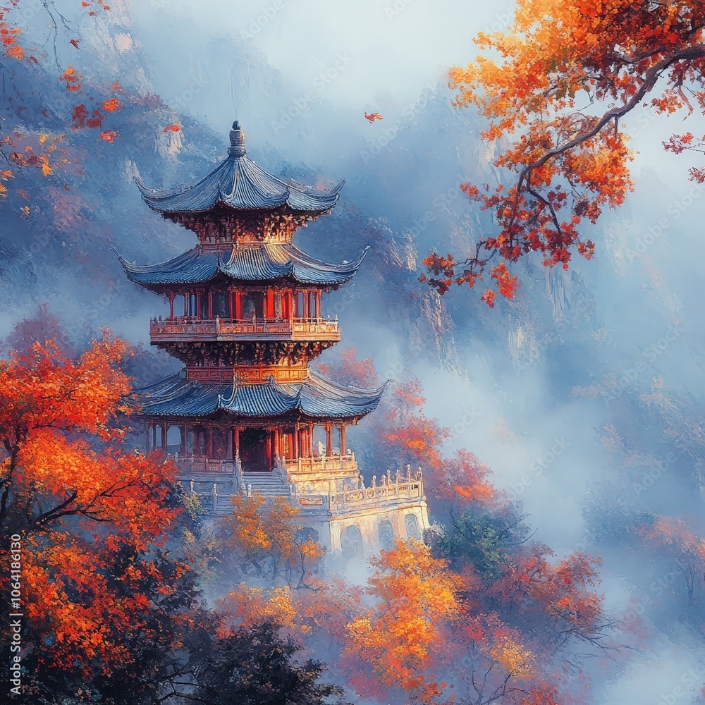 Obraz premium Autumn Forbidden City Scene with Golden Outlines in Mist