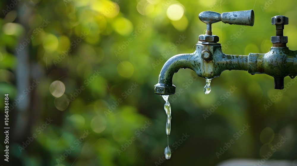 Exterior dripping water faucet or tap in yard. Exterior dripping water faucet or tap in yard.