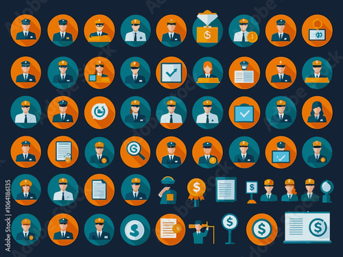 Public service icon collection set. Containing policy, needs, community, government employee, public finance, interest, volunteer icon. Simple flat vector