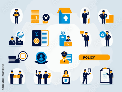 Public service icon collection set. Containing policy, needs, community, government employee, public finance, interest, volunteer icon. Simple flat vector