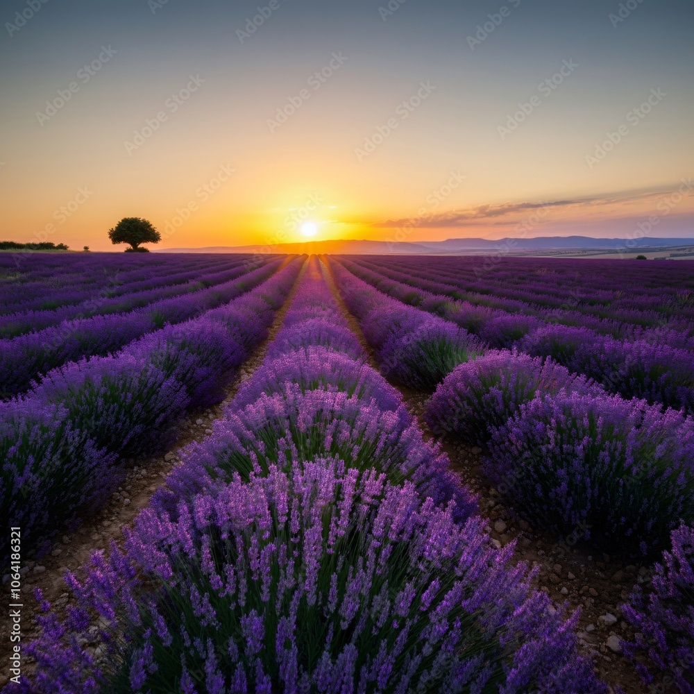 Fototapeta premium Vast lavender fields under a setting sun casting a golden glow over the landscape