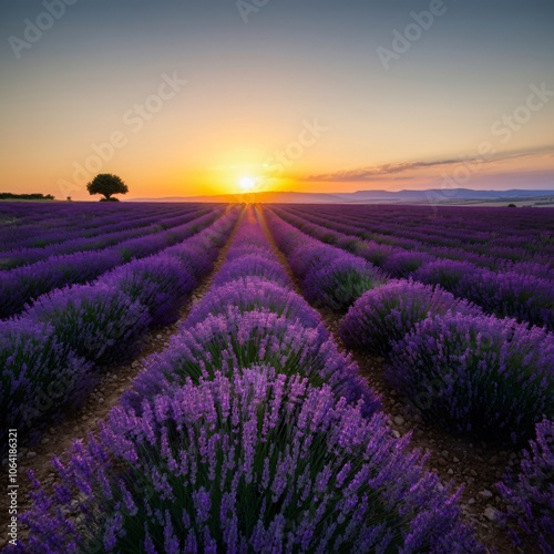 Vast lavender fields under a setting sun casting a golden glow over the landscape