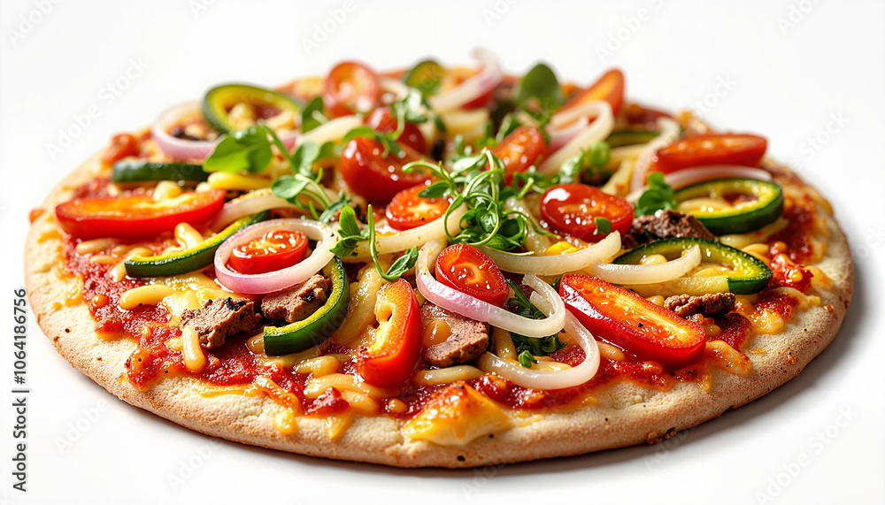 Colorful vegetable pizza with fresh toppings on white background Colorful vegetable pizza with fresh toppings on white background